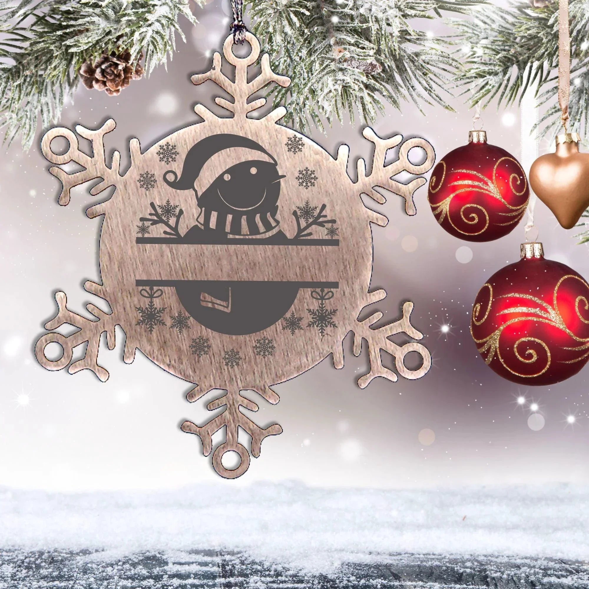 Personalized Snowman Snowflake Tree Ornament Family Name Laser Engraved Stainless Steel