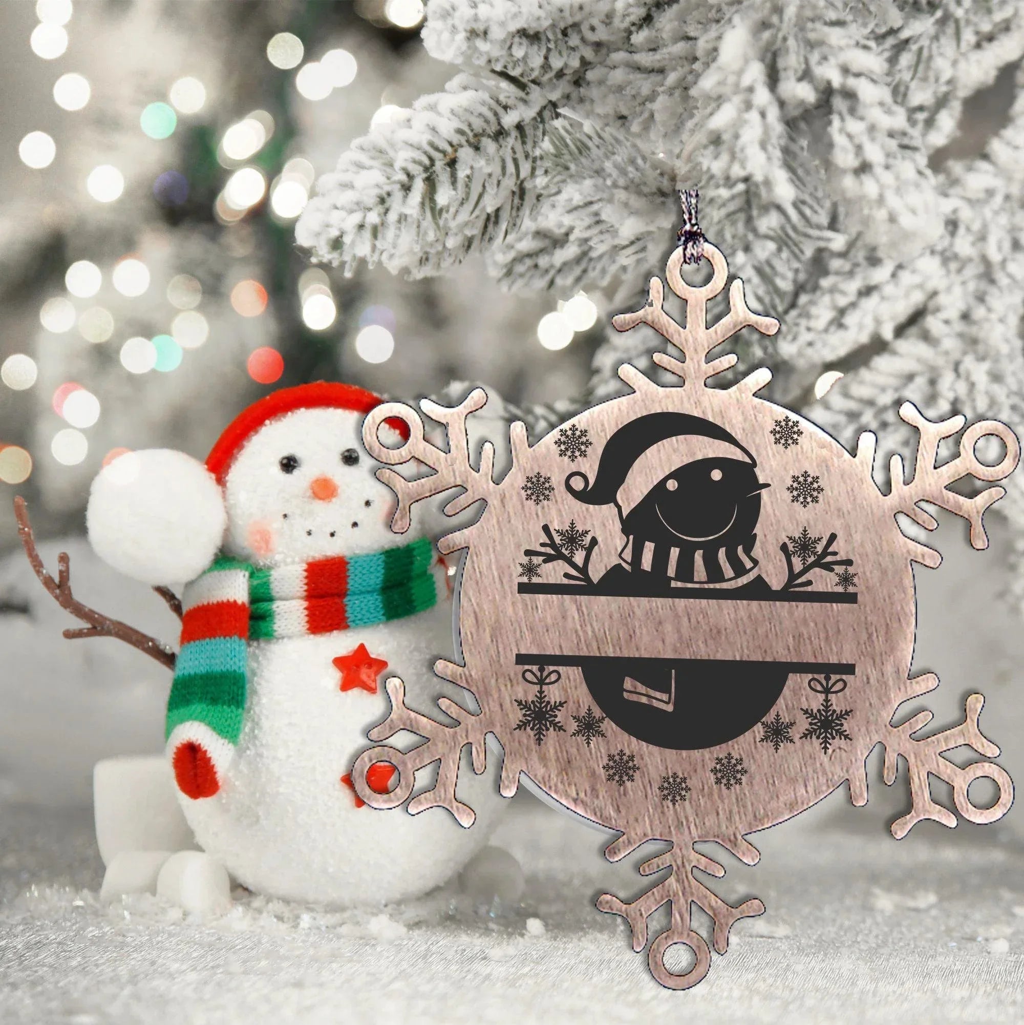 Personalized Snowman Snowflake Tree Ornament Family Name Laser Engraved Stainless Steel