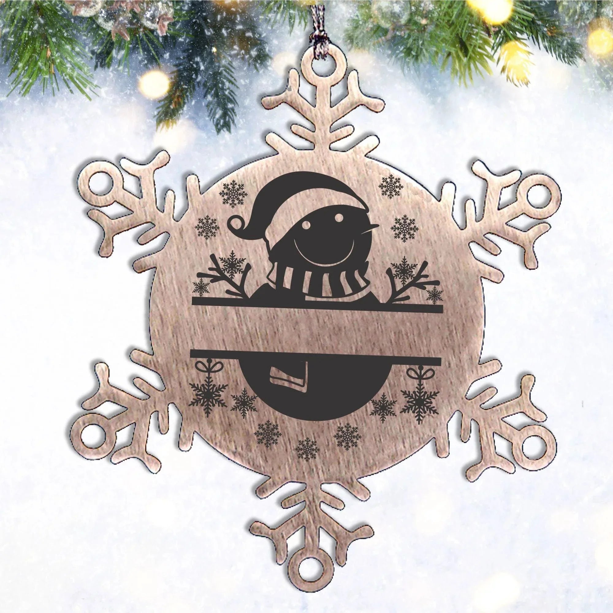 Personalized Snowman Snowflake Tree Ornament Family Name Laser Engraved Stainless Steel