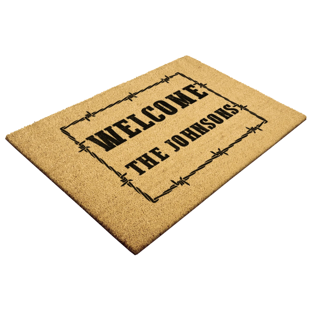 Personalized Western Welcome Doormat with Barbed Wire Frame – Custom Family Name Ranch-Style Outdoor Entrance Mat