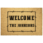 Personalized Western Welcome Doormat with Barbed Wire Frame – Custom Family Name Ranch-Style Outdoor Entrance Mat