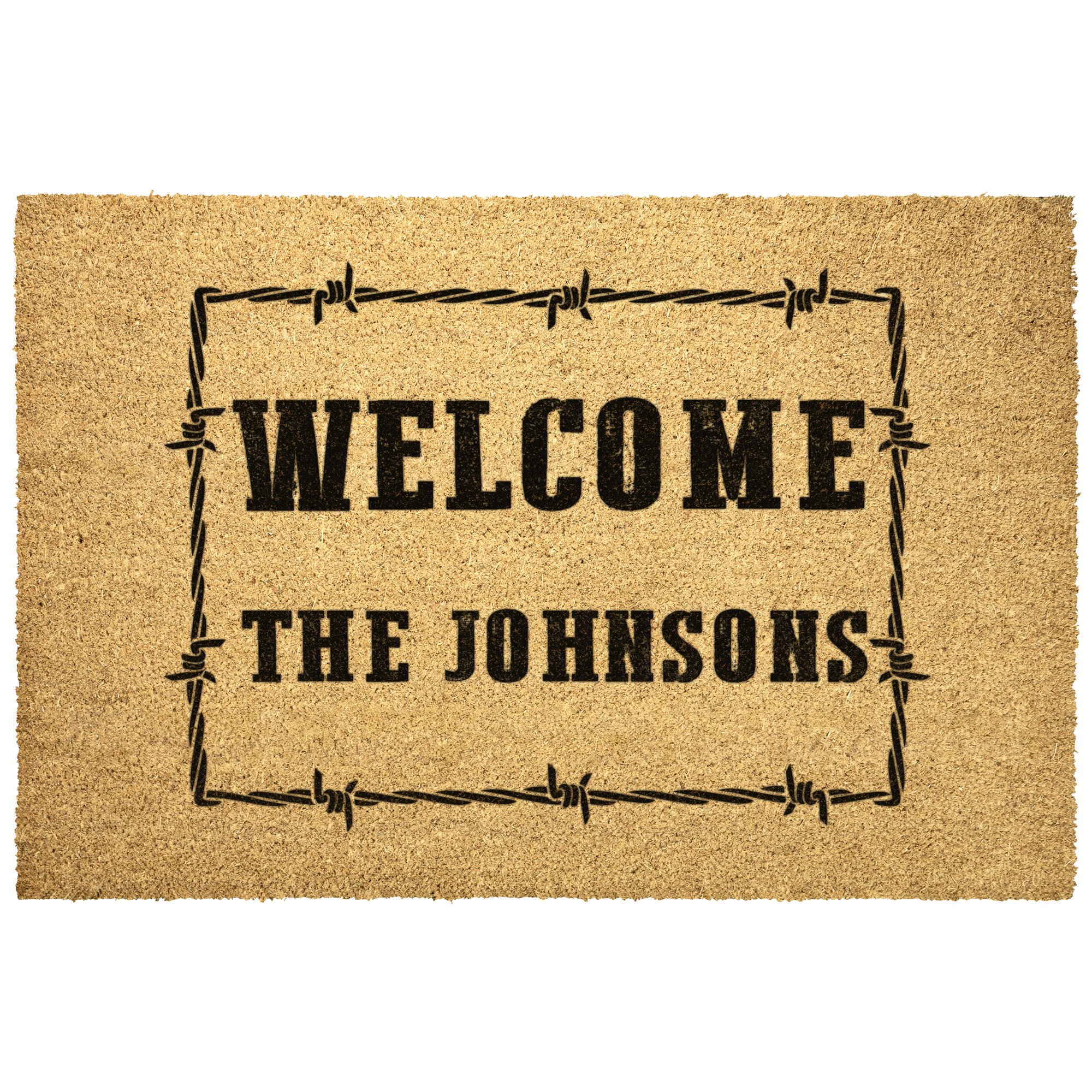 Personalized Western Welcome Doormat with Barbed Wire Frame – Custom Family Name Ranch-Style Outdoor Entrance Mat