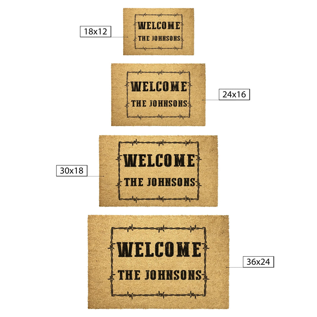 Personalized Western Welcome Doormat with Barbed Wire Frame – Custom Family Name Ranch-Style Outdoor Entrance Mat
