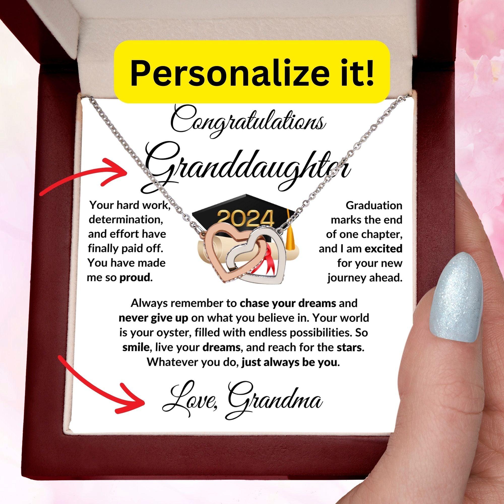 Granddaughter Jewelry Graduation Class of 2024 Personalized Interlocking Hearts Pendant Necklace with Heartfelt Message and Gift Box - Mallard Moon Gift Shop