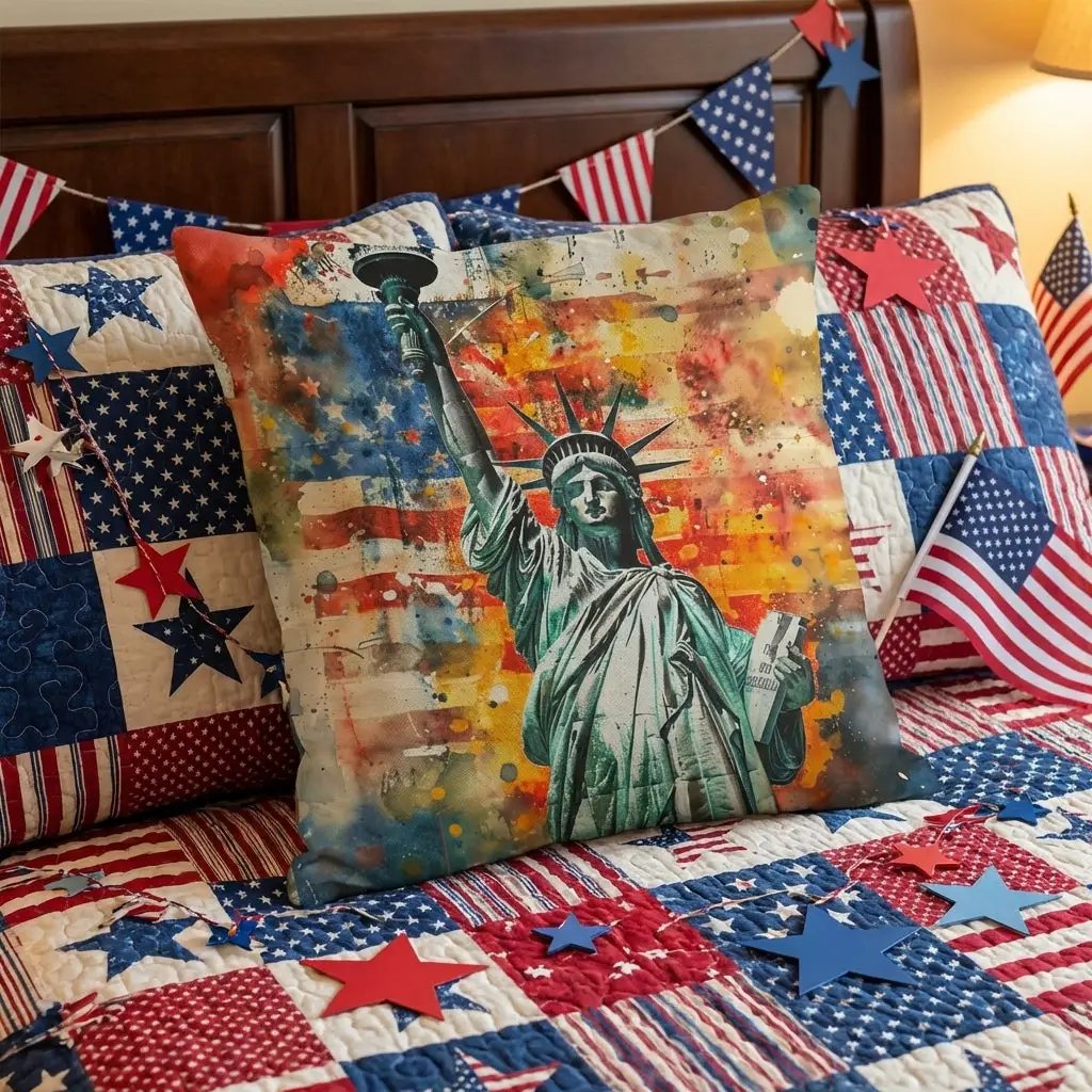 Statue of Liberty Patriotic Pillow – USA Flag Throw Pillow – Americana Art Cushion – Red White Blue Home Decor – Indoor Outdoor Porch Pillow