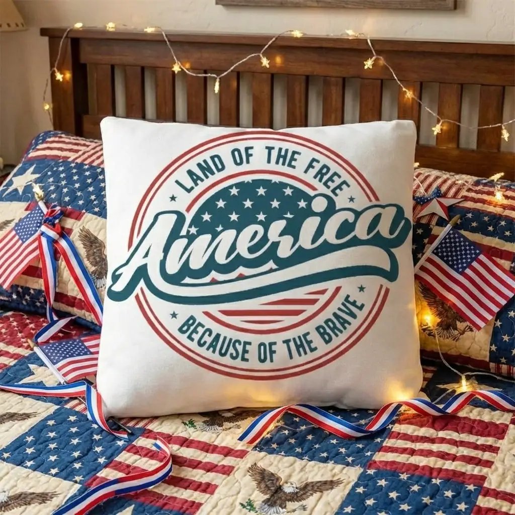 America Land of the Free Patriotic Pillow – Vintage USA Indoor Outdoor Throw Pillow – Americana Farmhouse Decor – 4th of July Cushion – Red White Blue Accent