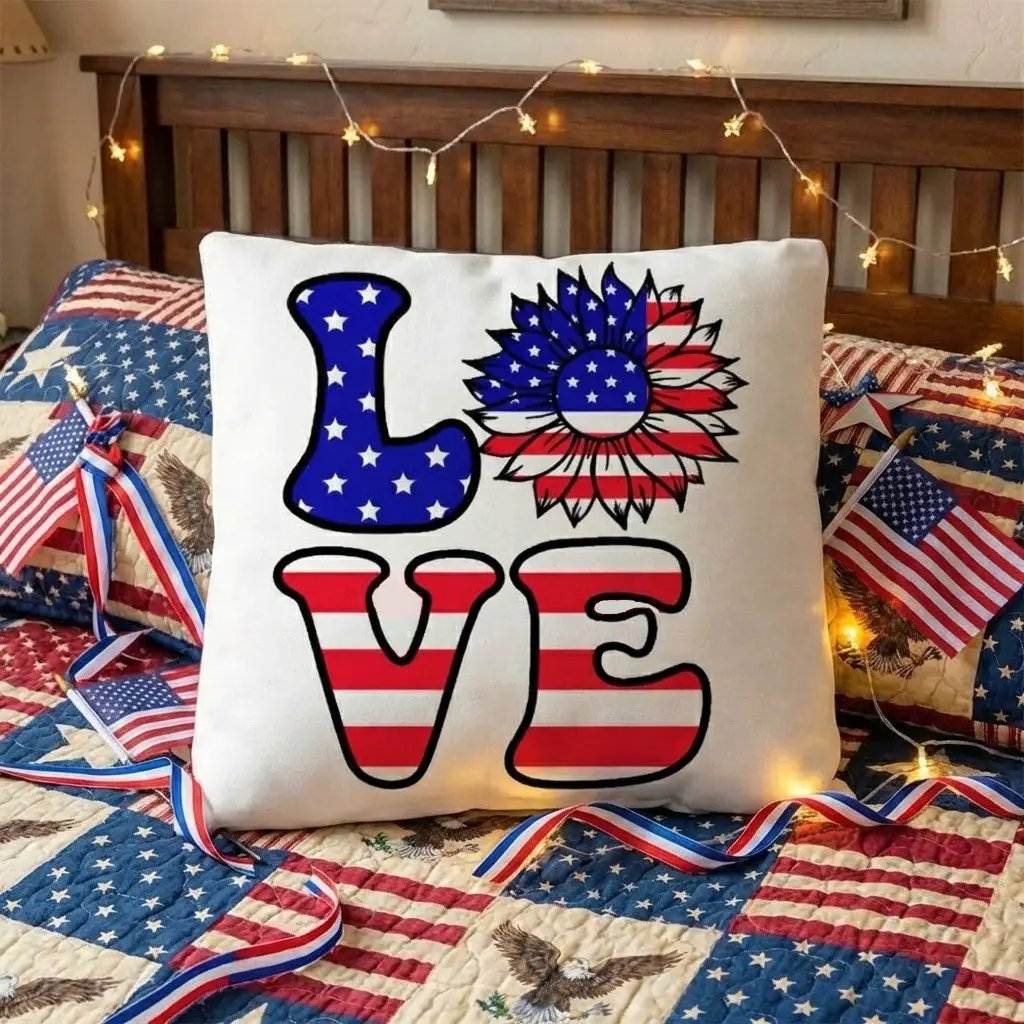 Patriotic Love Pillow, USA Flag Sunflower Throw Pillow, Indoor Outdoor Polyester Cushion, 4th of July Home Decor, American Flag Accent Pillow