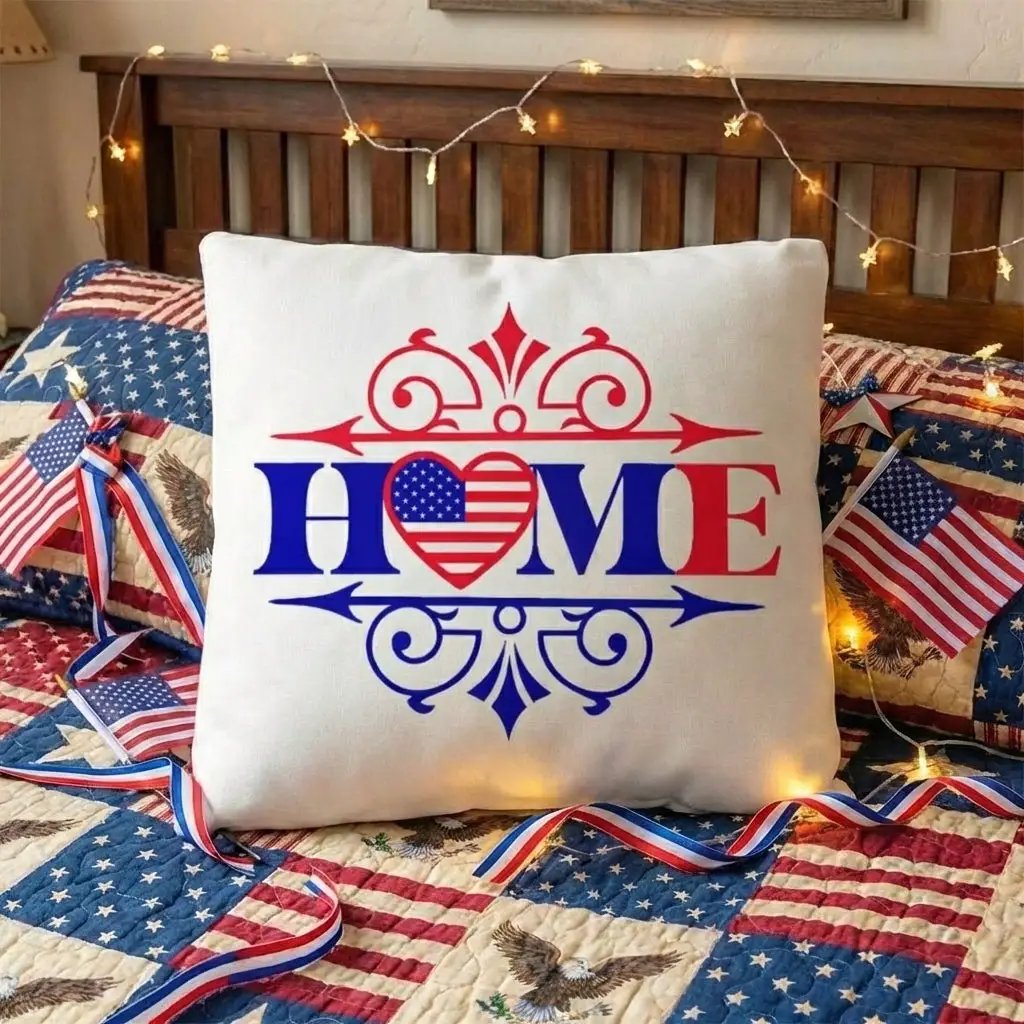 Patriotic Home Pillow with American Flag Heart – Red White Blue Throw Pillow – USA Indoor Outdoor Cushion – Farmhouse Porch Decor – Americana Accent