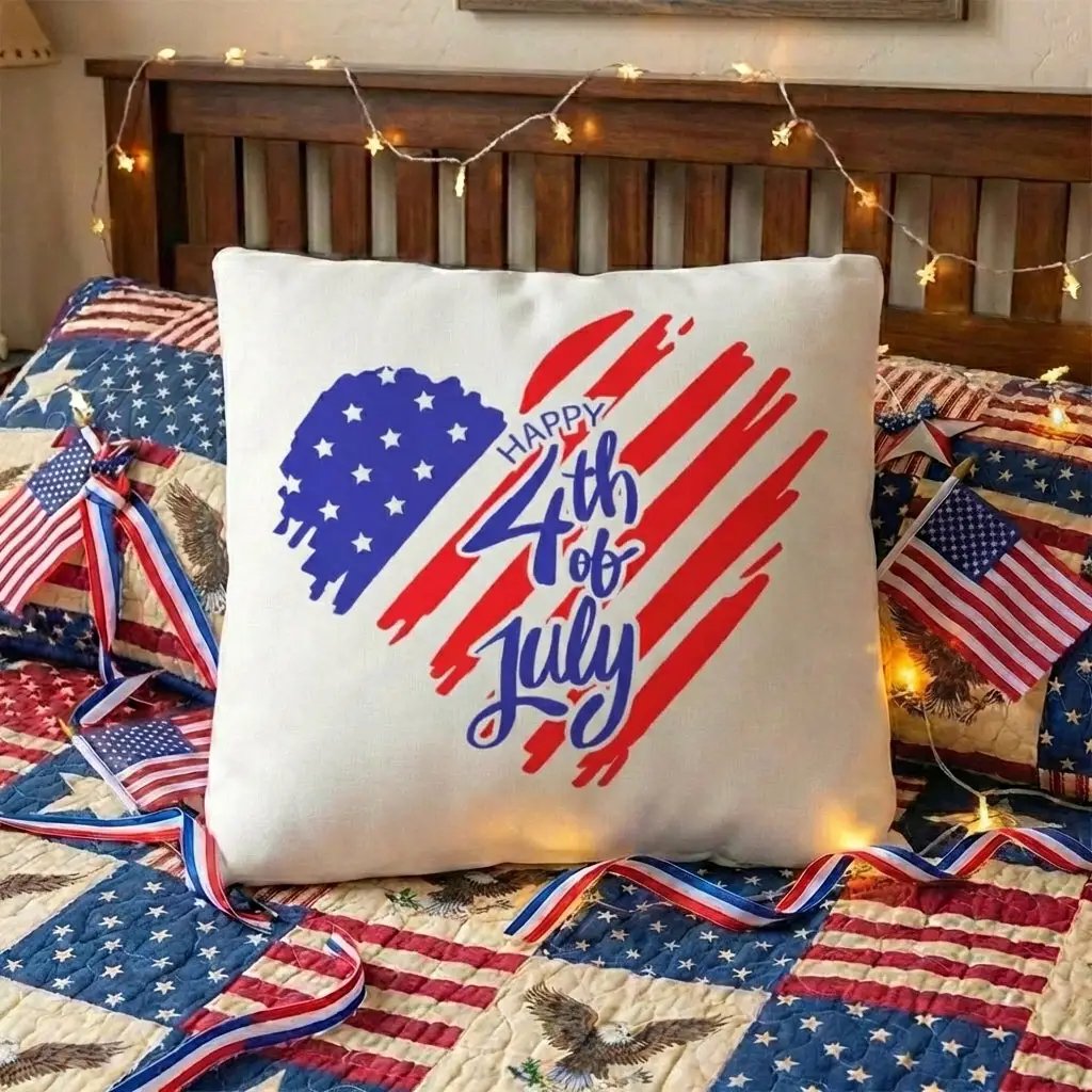 July 4th Heart USA Pillow – Patriotic Throw Pillow – Independence Day Decor – Red White Blue Indoor Outdoor Cushion – Americana Porch Decor
