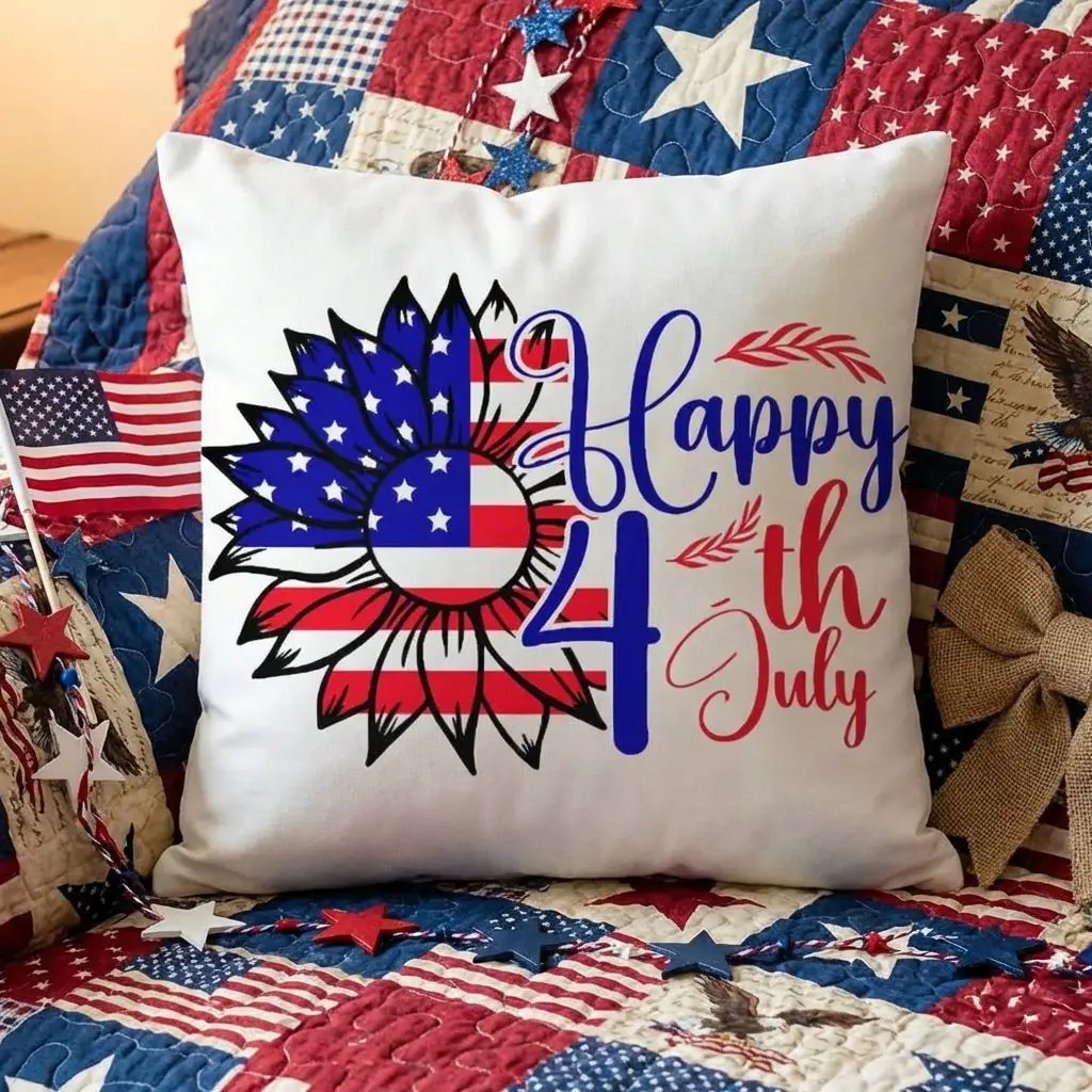 Happy 4th of July Sunflower Pillow – Patriotic Floral Throw Pillow – Red White Blue Farmhouse Decor – Americana Outdoor Cushion