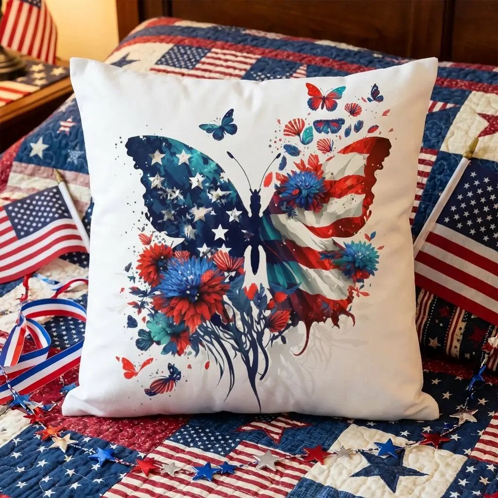 Patriotic Butterfly Pillow – American Flag Butterfly Throw Pillow – Red White Blue Floral Cushion – 4th of July Home Decor