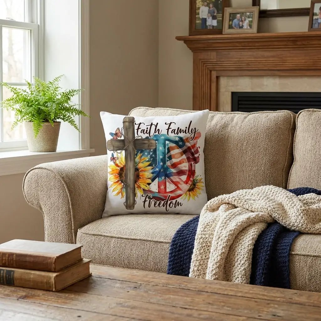 Faith Family Freedom Patriotic Pillow – Christian American Flag Indoor Outdoor Pillow – Rustic Farmhouse Cross Decor – Inspirational USA Throw Pillow
