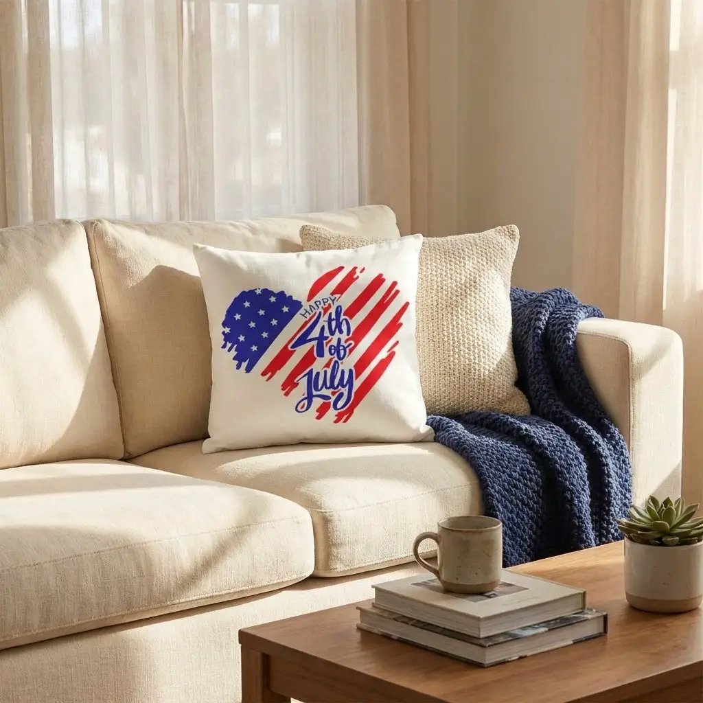 July 4th Heart USA Pillow – Patriotic Throw Pillow – Independence Day Decor – Red White Blue Indoor Outdoor Cushion – Americana Porch Decor