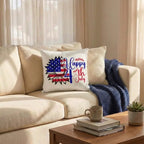 Happy 4th of July Sunflower Pillow – Patriotic Floral Throw Pillow – Red White Blue Farmhouse Decor – Americana Outdoor Cushion