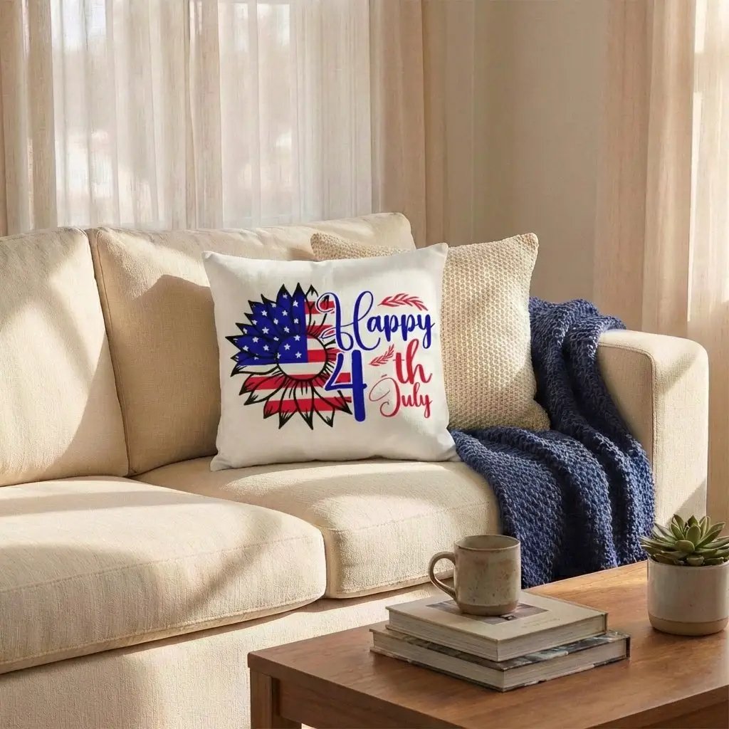 Happy 4th of July Sunflower Pillow – Patriotic Floral Throw Pillow – Red White Blue Farmhouse Decor – Americana Outdoor Cushion
