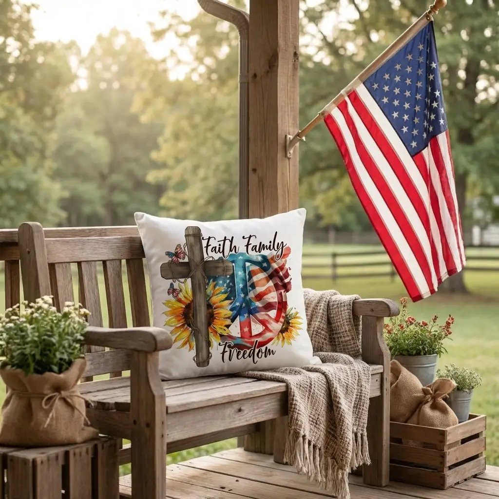Faith Family Freedom Patriotic Pillow – Christian American Flag Indoor Outdoor Pillow – Rustic Farmhouse Cross Decor – Inspirational USA Throw Pillow