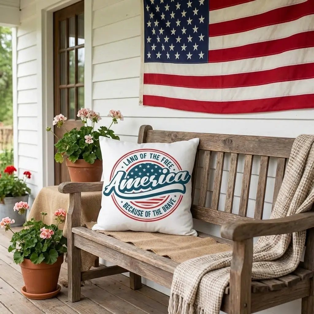 America Land of the Free Patriotic Pillow – Vintage USA Indoor Outdoor Throw Pillow – Americana Farmhouse Decor – 4th of July Cushion – Red White Blue Accent