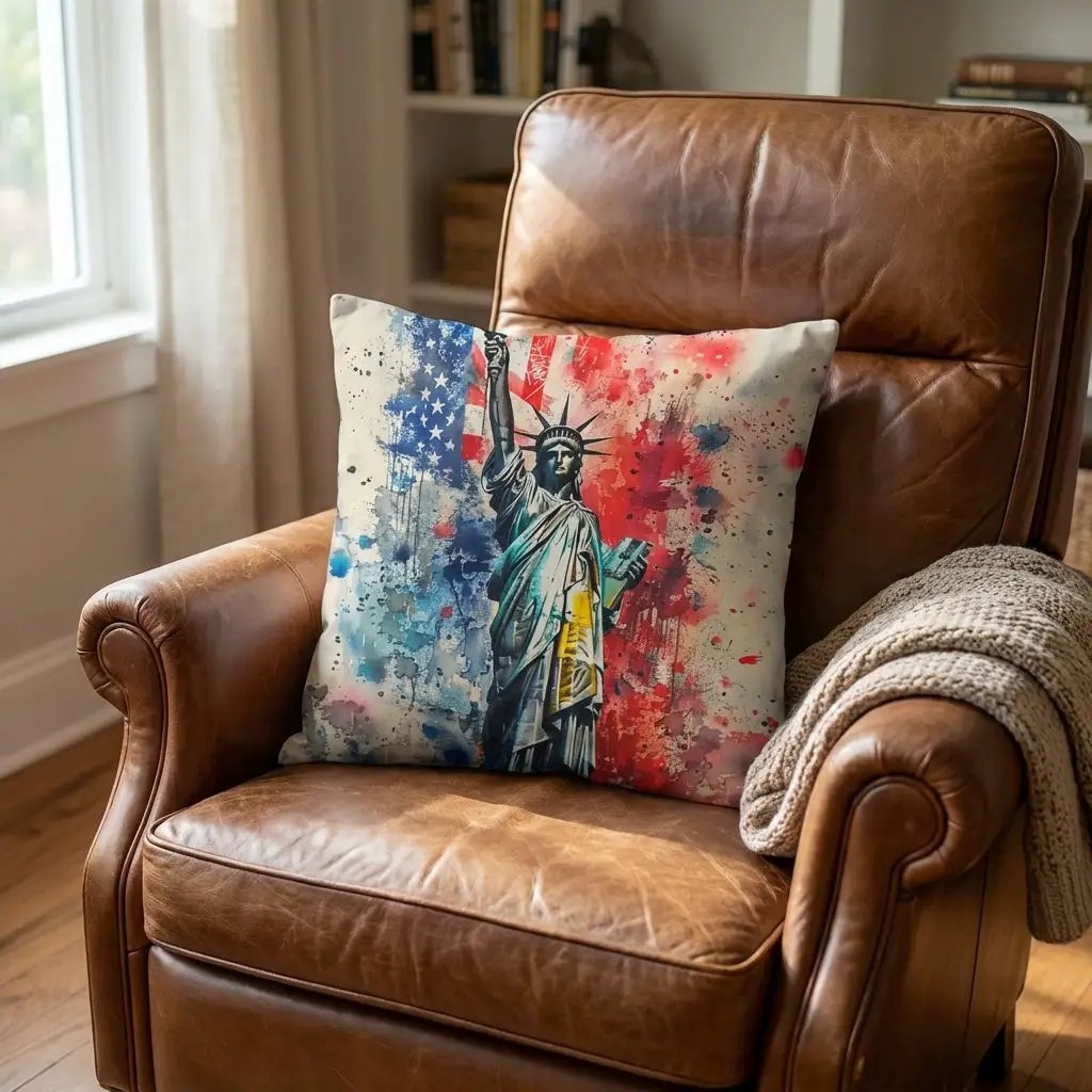 Statue of Liberty American Flag Pillow – Patriotic Indoor Outdoor Throw Pillow – USA Freedom Decor – Red White Blue Cushion – Americana Home Accent