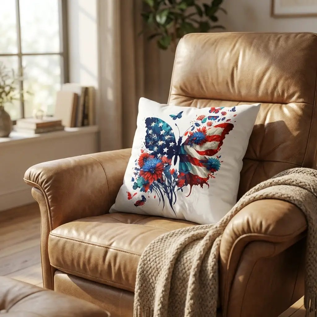 Patriotic Butterfly Pillow – American Flag Butterfly Throw Pillow – Red White Blue Floral Cushion – 4th of July Home Decor