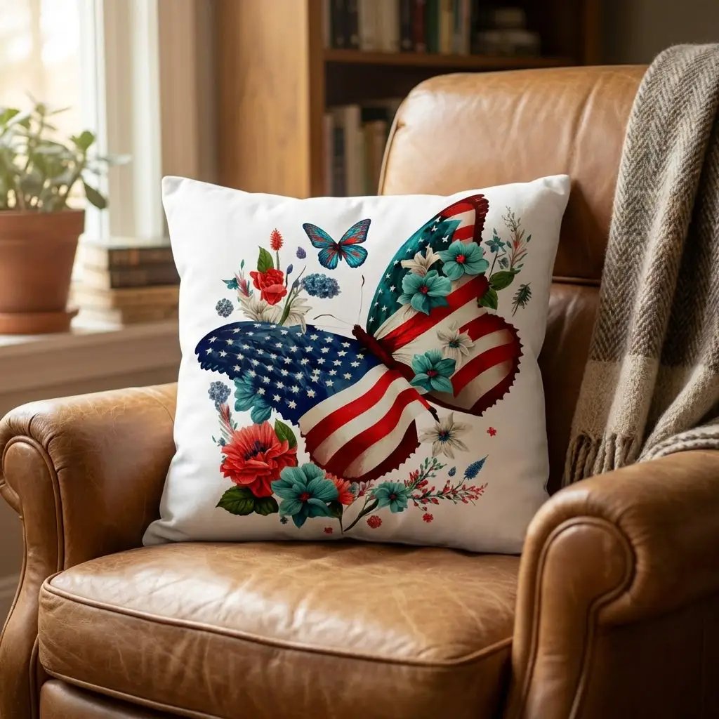 Patriotic Floral Butterfly Pillow – American Flag Butterfly Throw Pillow – Red White Blue Cottagecore Farmhouse Decor