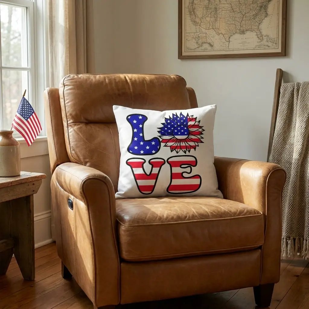 Patriotic Love Pillow, USA Flag Sunflower Throw Pillow, Indoor Outdoor Polyester Cushion, 4th of July Home Decor, American Flag Accent Pillow