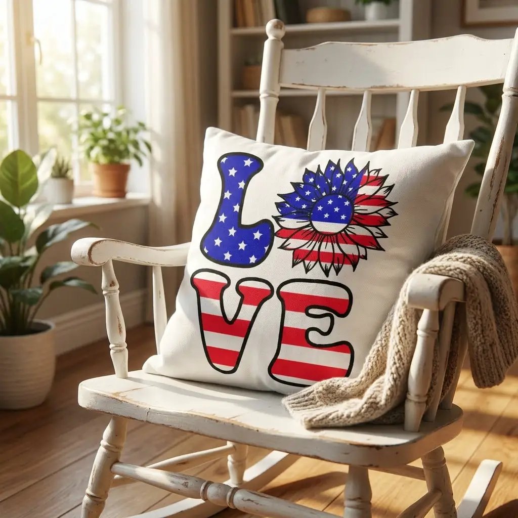Patriotic Love Pillow, USA Flag Sunflower Throw Pillow, Indoor Outdoor Polyester Cushion, 4th of July Home Decor, American Flag Accent Pillow
