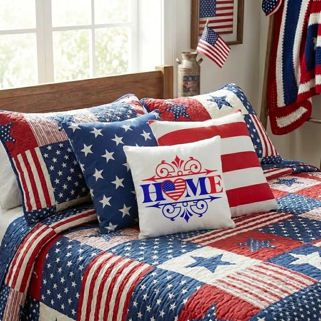 Patriotic Home Pillow with American Flag Heart – Red White Blue Throw Pillow – USA Indoor Outdoor Cushion – Farmhouse Porch Decor – Americana Accent