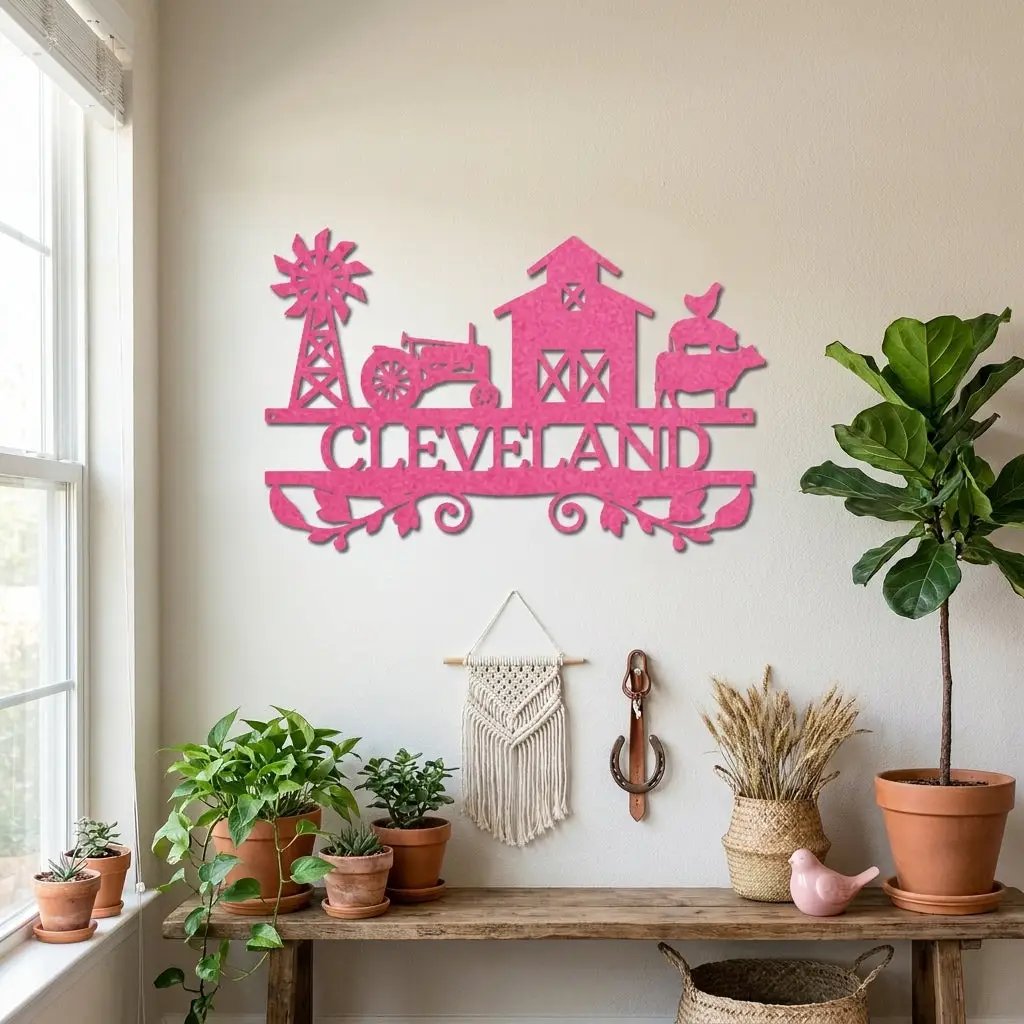 Personalized Barn & Tractor Steel Wall Art - Custom Farm Name Metal Sign