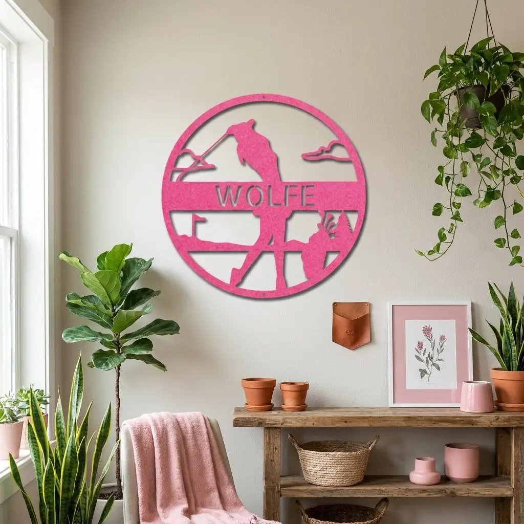 Custom Female Golfer Metal Sign – Personalized Name Wall Art – Round Golf Scene – Laser Cut Steel