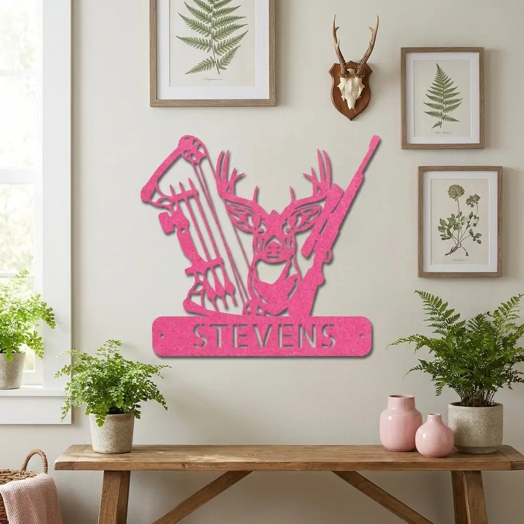 Personalized Deer Hunting Metal Wall Art Custom Hunter Name Sign Buck Head Bow Rifle Decor Rustic Cabin Hunting Gift Outdoor Wall Decor