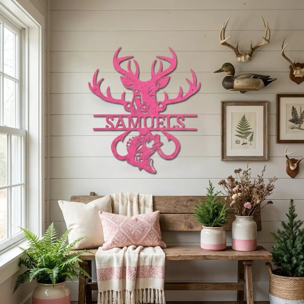 Outdoorsman Custom Metal Wall Art Deer Hunting and Bass Fishing Sign Custom Name Rustic Cabin Decor Hunter Fisherman Gift