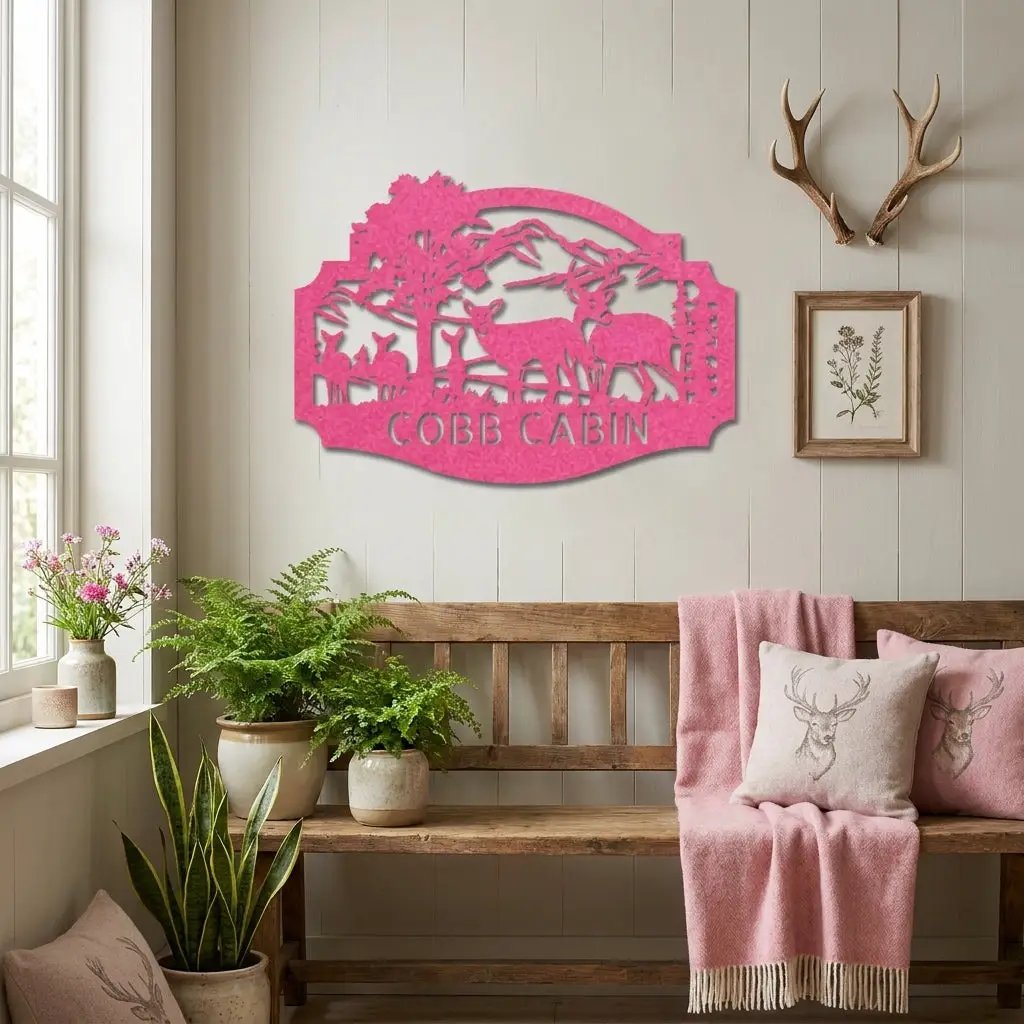 Personalized Deer Cabin Metal Wall Art – Rustic Family Name Sign – Hunting Lodge Decor – Custom Mountain Scene Steel Sign – Cabin Wall Decor Gift