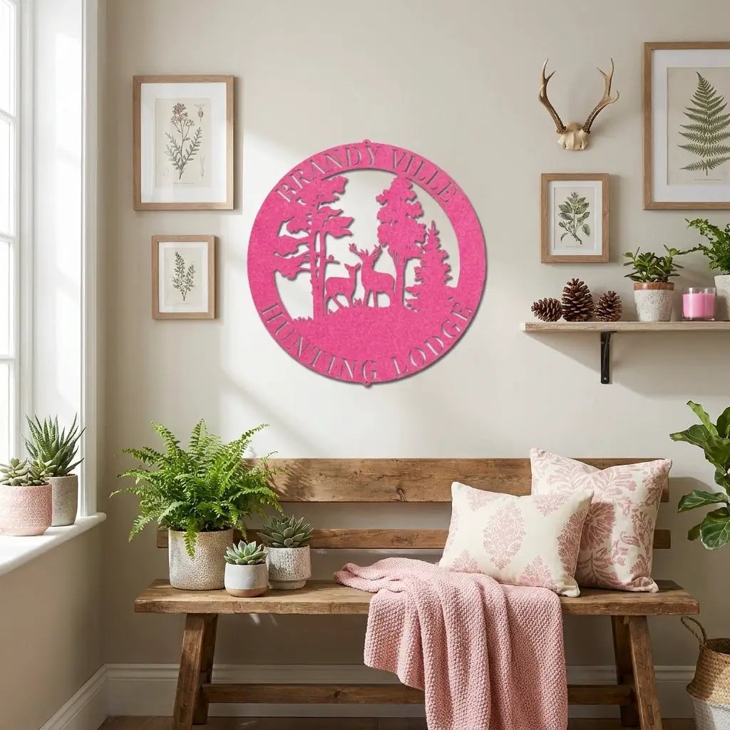 Personalized Deer Couple Metal Wall Art Custom Family Name Sign Hunting Lodge Decor Buck Doe Forest Scene Rustic Outdoor Wall Hanging