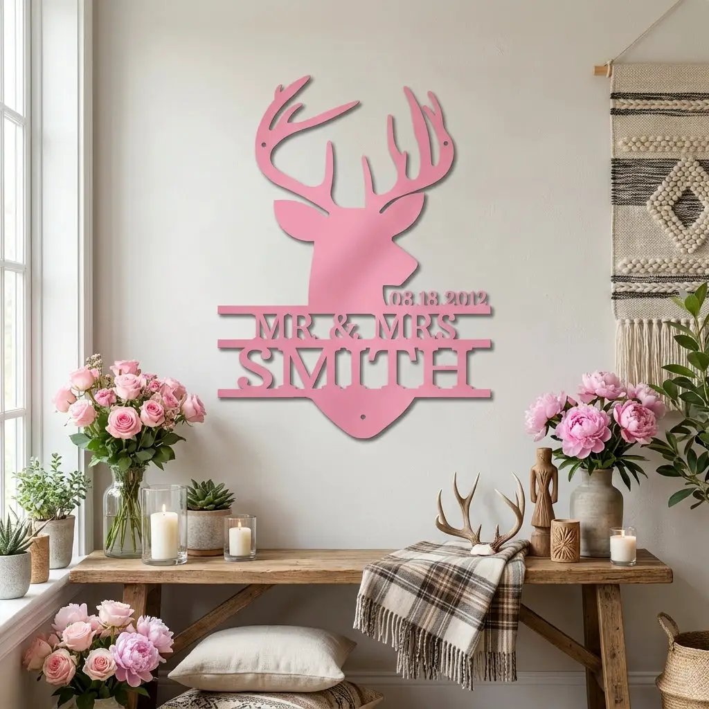Personalized Deer Head Metal Sign, Mr & Mrs Name Sign, Wedding Gift, Anniversary Gift 25th 50th, Custom Last Name Wall Decor, Rustic Lodge Decor