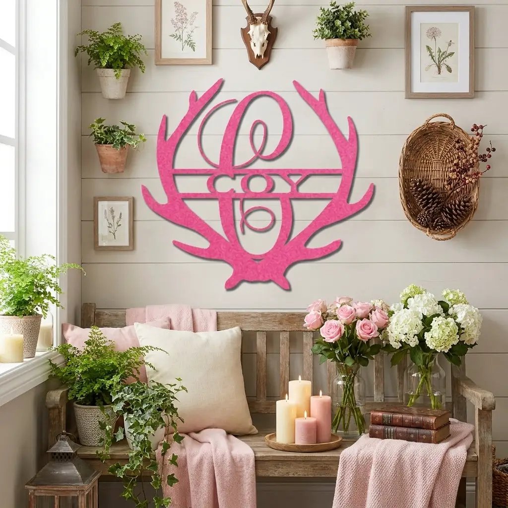 Personalized Deer Antler Family Name Metal Sign – Rustic Last Name Monogram Wall Art – Cabin Lodge Decor Gift
