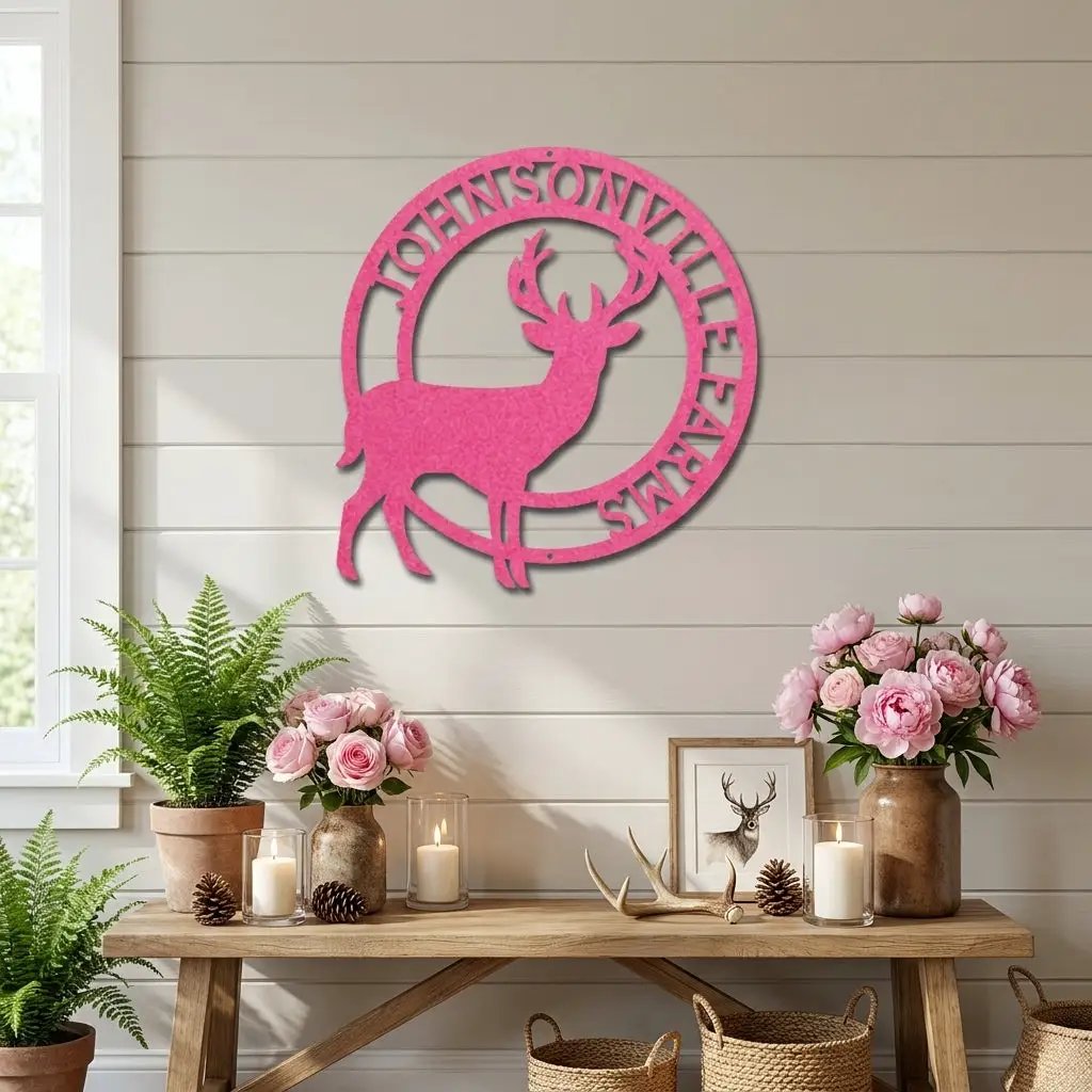 Personalized Deer Family Name Metal Sign – Custom Last Name Circle Wall Art – Rustic Farmhouse Home Decor Gift