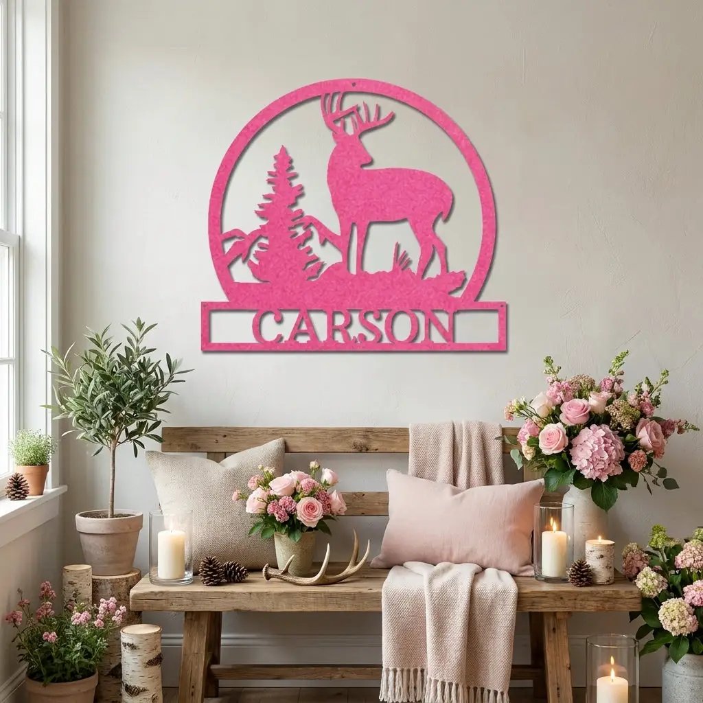 Personalized Deer Scene Metal Sign – Custom Last Name Wall Art – Rustic Cabin Forest Decor Gift