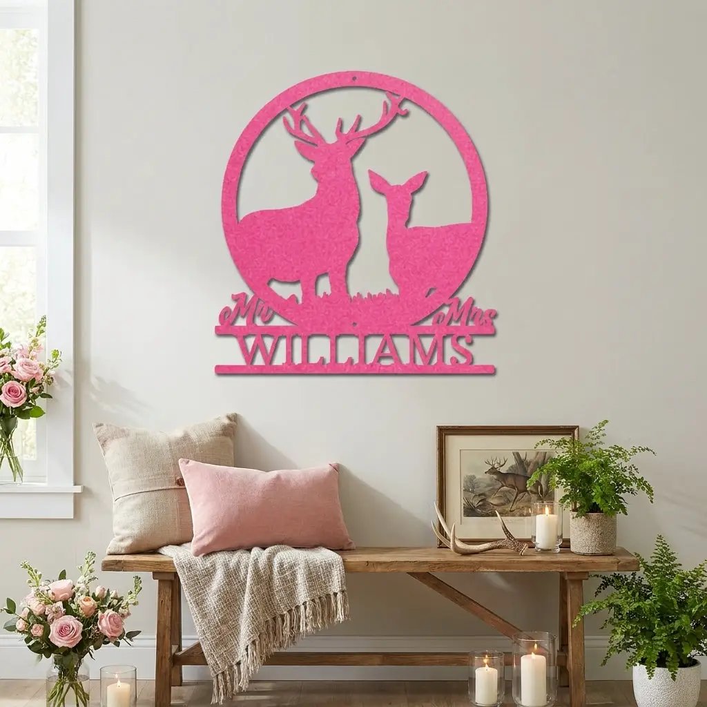 Personalized Mr & Mrs Deer Couple Metal Sign – Custom Last Name Stag & Doe Wall Art – Romantic Wedding or Anniversary Gift