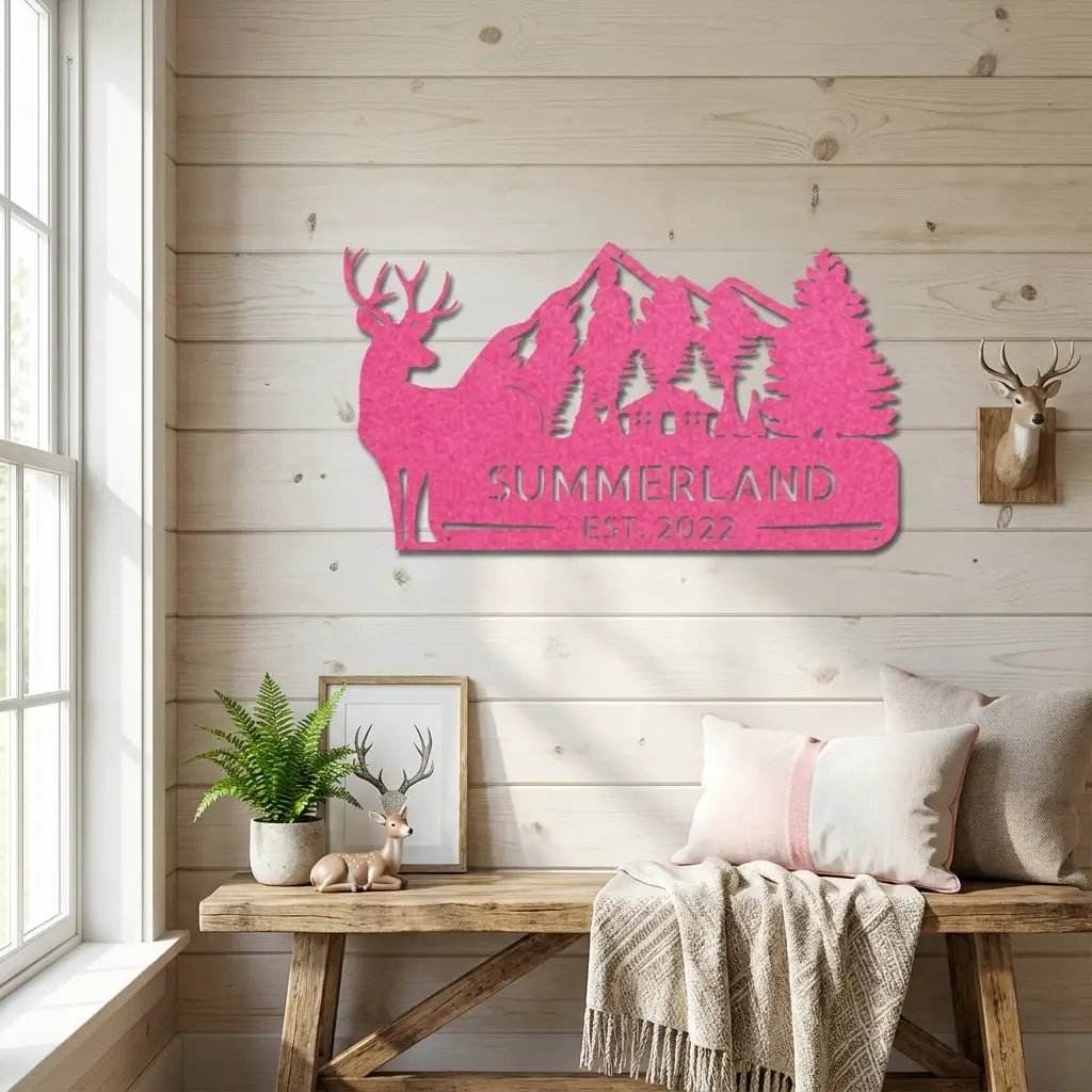 Personalized Deer Mountain Cabin Metal Sign – Custom Family Name Wilderness Wall Art – Rustic Lodge Decor with Trees & Mountains