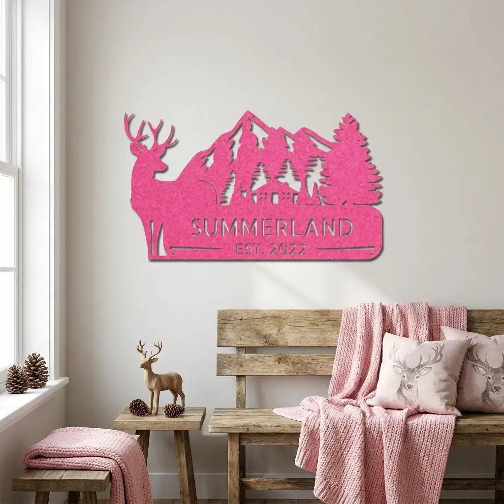 Personalized Deer Mountain Cabin Metal Sign – Custom Family Name Wilderness Wall Art – Rustic Lodge Decor with Trees & Mountains