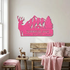 Personalized Deer Mountain Cabin Metal Sign – Custom Family Name Wilderness Wall Art – Rustic Lodge Decor with Trees & Mountains