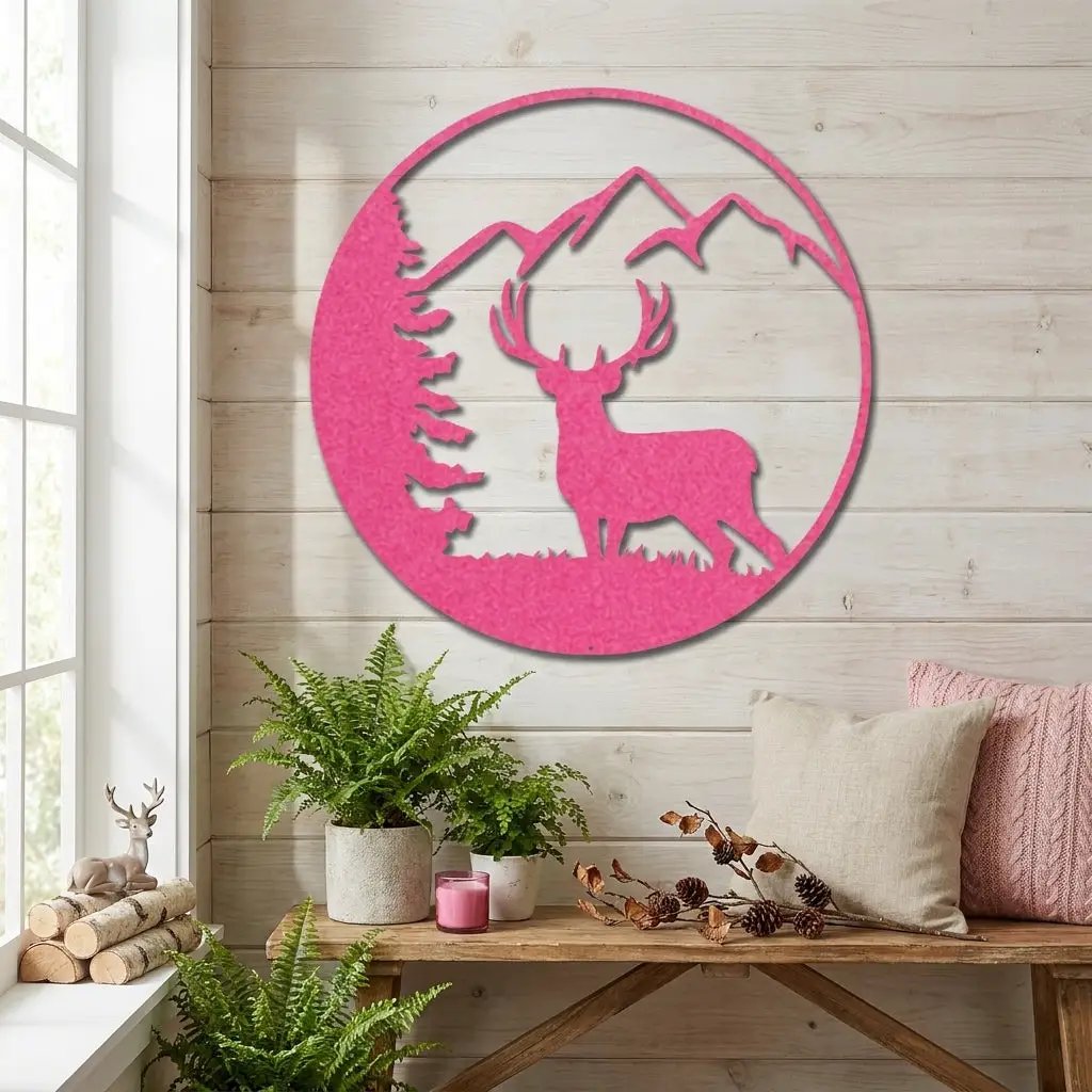 Deer Mountain Metal Wall Art – Rustic Wildlife Circle Sign – Forest & Cabin Lodge Decor – Stag Silhouette Steel Wall Hanging