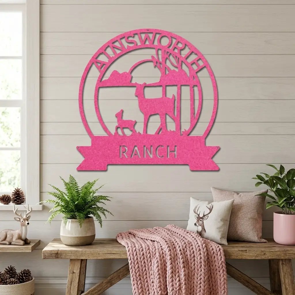 Personalized Deer Ranch Metal Sign – Doe & Fawn Sunset Wall Art – Custom Family Name & Ranch Name Sign – Rustic Farmhouse Lodge Decor
