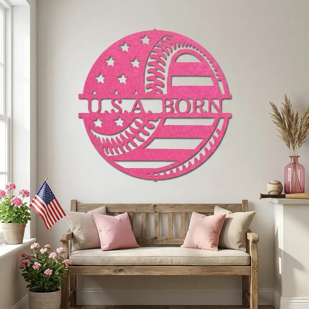 Baseball American Flag Custom Name Metal Art Wall Sign
