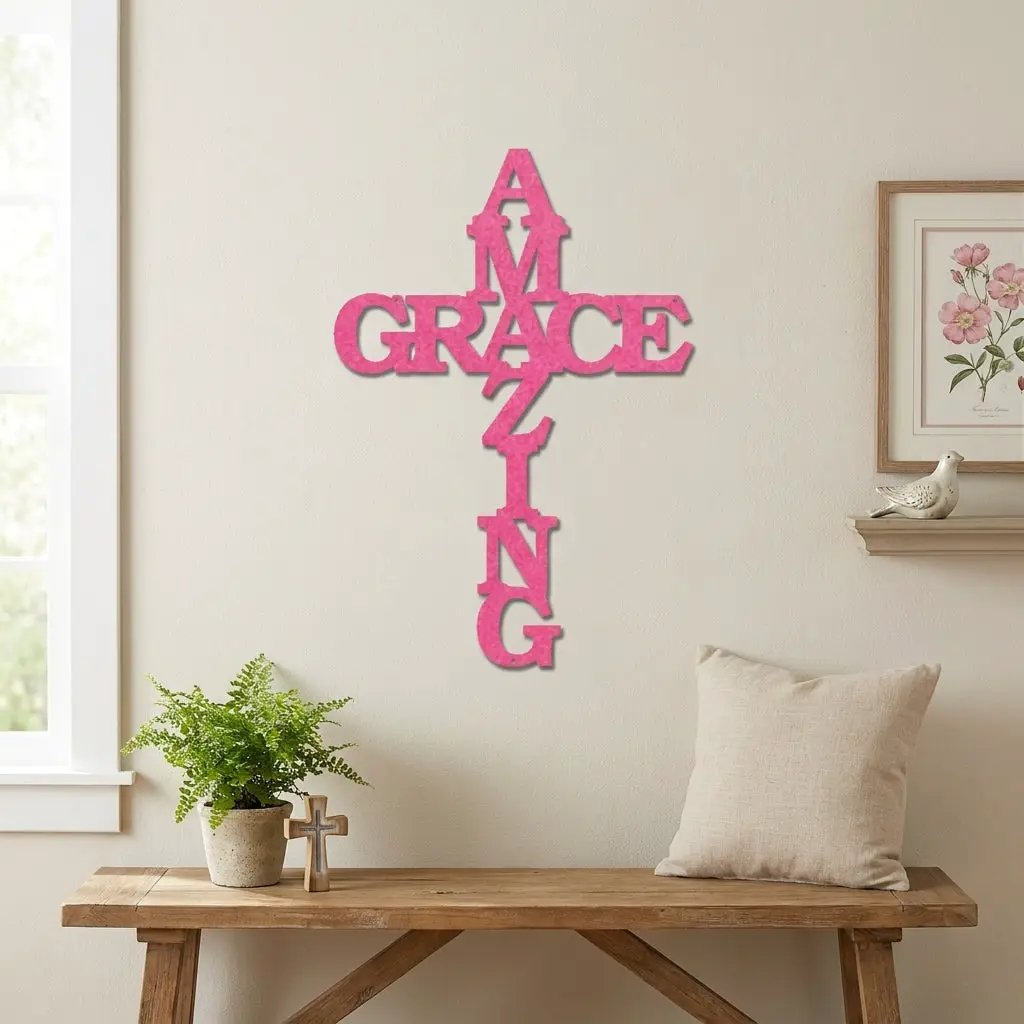 Amazing Grace Cross Steel Wall Art – Christian Metal Cross Sign – Inspirational Faith Decor – Laser Cut Religious Wall Art
