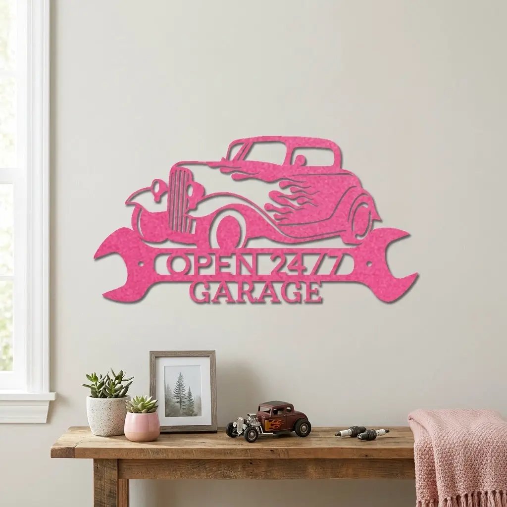 Personalized Hot Rod Metal Sign – Custom Garage Sign – Classic Car Wall Art – Gift for Dad