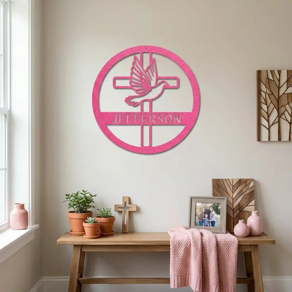 Personalized Cross & Dove Metal Wall Art – Custom Family Name Christian Steel Sign – Faith Based Farmhouse Wall Decor