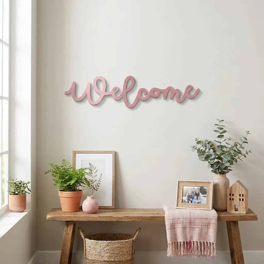 Welcome Script Metal Wall Art – Modern Farmhouse Welcome Sign – Minimalist Entryway Steel Decor for Porch, Foyer & Living Room
