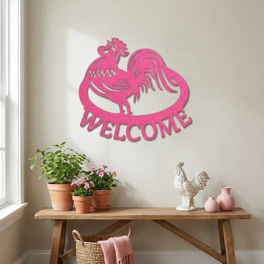 Welcome Rooster Metal Wall Art – Farmhouse Chicken Decor – Rustic Kitchen Wall Sign – Country Home Decor – Farmhouse Porch Sign