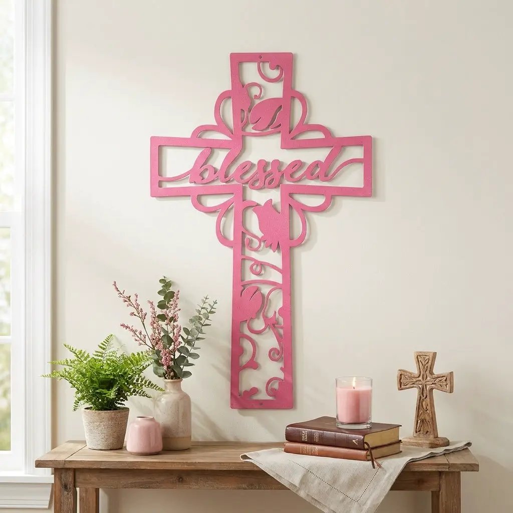 Blessed Cross Metal Wall Art | Christian Floral Cross Decor | Inspirational Faith Wall Hanging